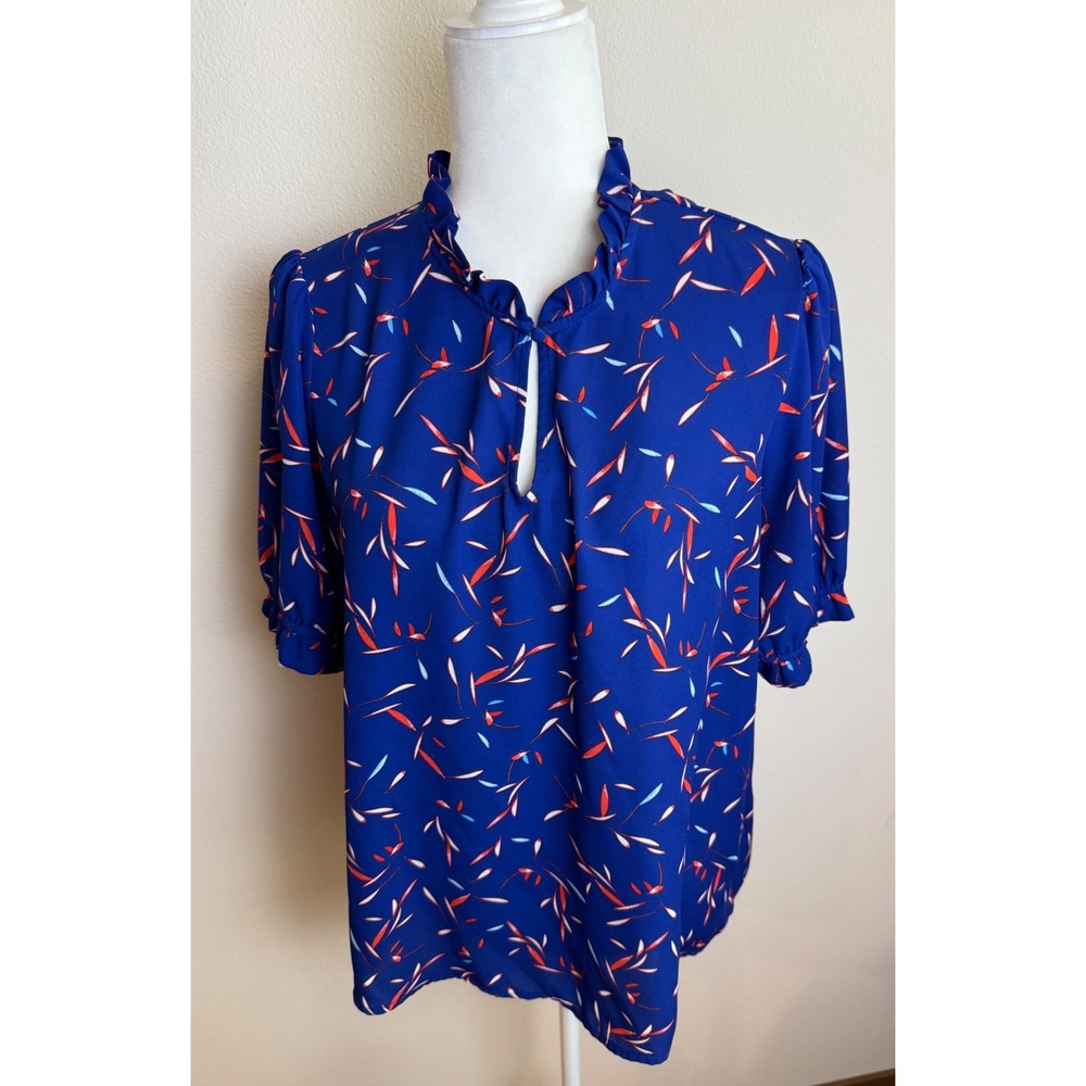 Banana Republic Blue Ruffle High Neck Puff Sleeve Abstract Leaf Print Blouse Top
